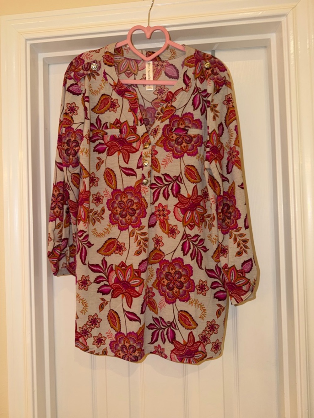 Floral Button-Front Henley Blouse in Pink and Cream